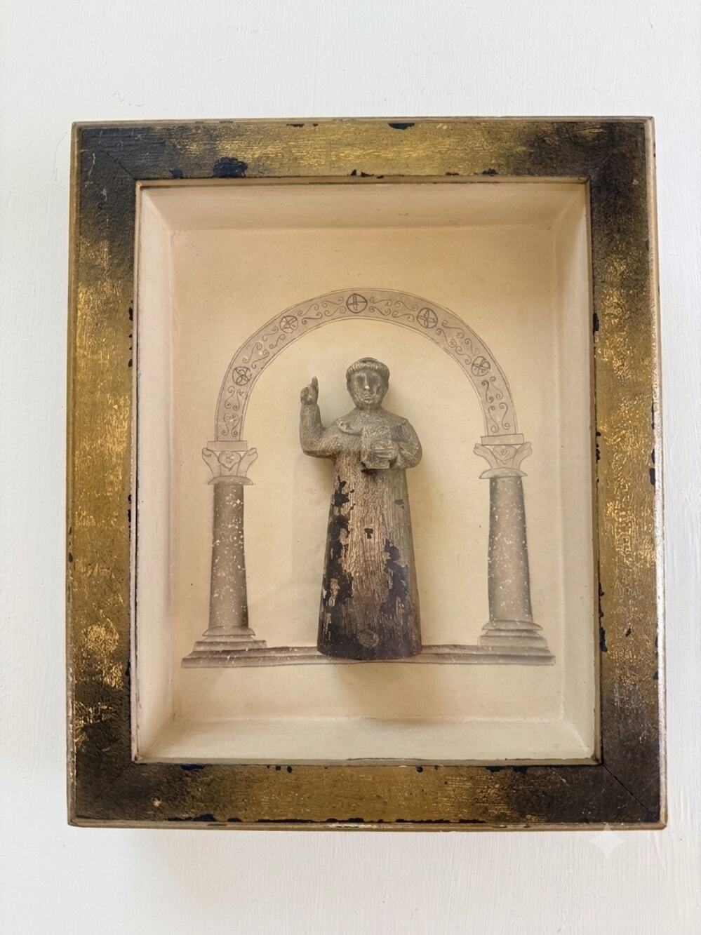 Antique 3D Box Frame Spanish Colonial Santo Monk Saint Wooden Religious Statue